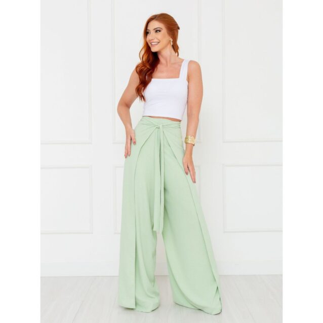 Calça Pantalona Transpassada Envelope VICTORIA Verde Claro Tamanho Único