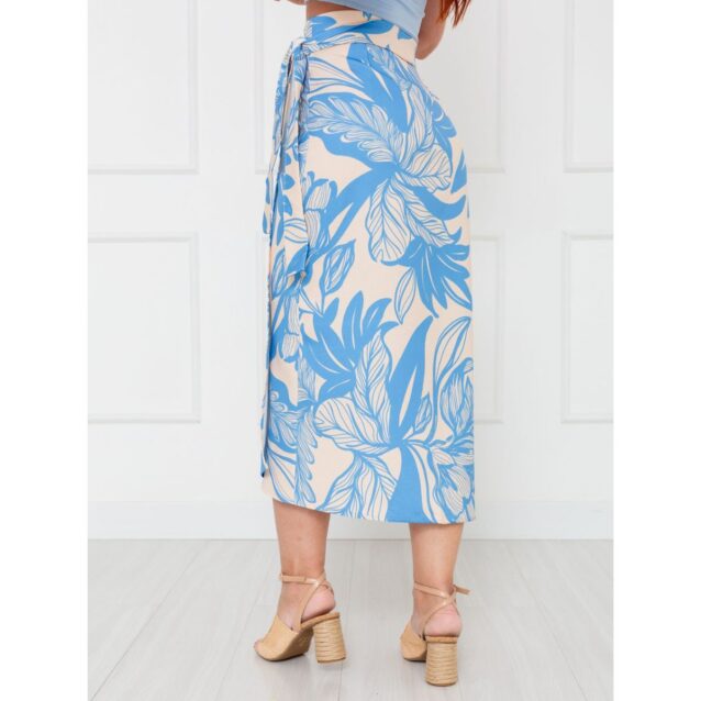 Saia Longa Envelope Transpassada Alfaiataria ORQUÍDEA Floral Azul