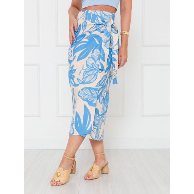 Saia Longa Envelope Transpassada Alfaiataria ORQUÍDEA Floral Azul