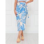 Saia Longa Envelope Transpassada Alfaiataria ORQUÍDEA Floral Azul