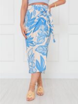 Saia Longa Envelope Transpassada Alfaiataria ORQUÍDEA Floral Azul