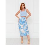 Saia Longa Envelope Transpassada Alfaiataria ORQUÍDEA Floral Azul