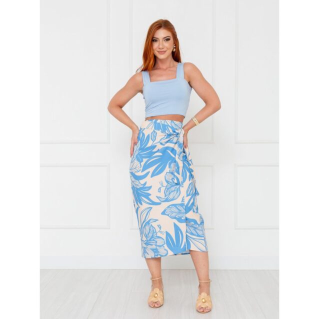 Saia Longa Envelope Transpassada Alfaiataria ORQUÍDEA Floral Azul
