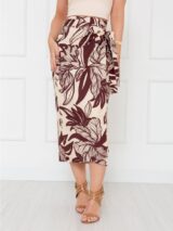 Saia Longa Envelope Transpassada Alfaiataria ORQUÍDEA Floral Marrom
