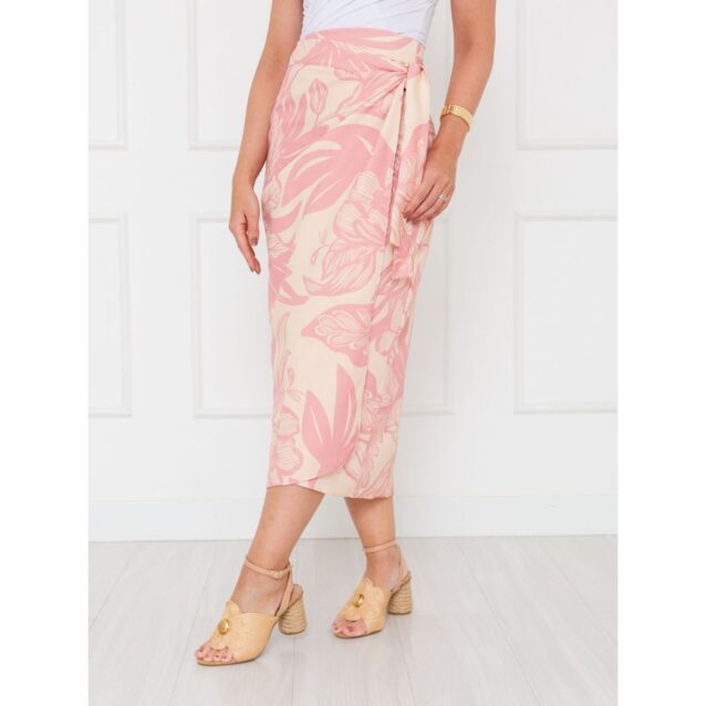 Saia Longa Envelope Transpassada Alfaiataria ORQUÍDEA Floral Rosa
