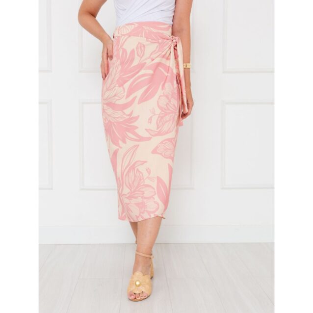 Saia Longa Envelope Transpassada Alfaiataria ORQUÍDEA Floral Rosa