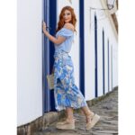 Saia Midi Envelope Transpassada Alfaiataria ORQUÍDEA Floral Azul