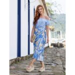 Saia Midi Envelope Transpassada Alfaiataria ORQUÍDEA Floral Azul