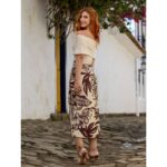 Saia Midi Envelope Transpassada Alfaiataria ORQUÍDEA Floral Marrom