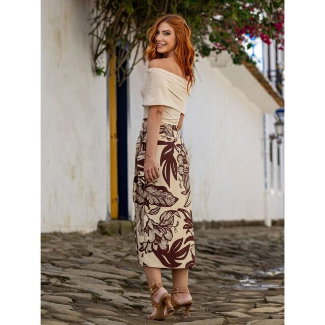 Saia Midi Envelope Transpassada Alfaiataria ORQUÍDEA Floral Marrom