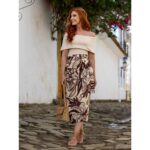 Saia Midi Envelope Transpassada Alfaiataria ORQUÍDEA Floral Marrom