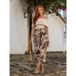Saia Midi Envelope Transpassada Alfaiataria ORQUÍDEA Floral Marrom