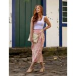 Saia Midi Envelope Transpassada Alfaiataria ORQUÍDEA Floral Rosa