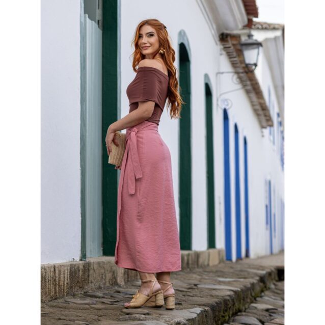 Saia Midi Envelope Transpassada Alfaiataria ORQUÍDEA Rosa
