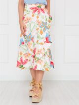 Saia Midi Transpassada com Babados Alfaiataria GRAVIOLA Estampada