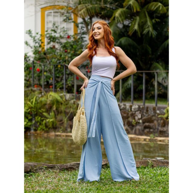Calça Pantalona Transpassada Envelope VICTORIA Azul Tamanho Único