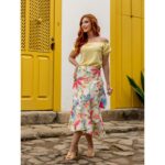 Saia Midi Transpassada com Babados Alfaiataria GRAVIOLA Estampada