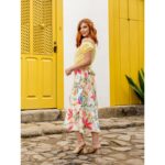 Saia Midi Transpassada com Babados Alfaiataria GRAVIOLA Estampada
