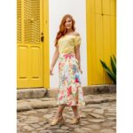 Saia Midi Transpassada com Babados Alfaiataria GRAVIOLA Estampada