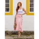 Saia Midi Transpassada com Babados Alfaiataria GRAVIOLA Rosa