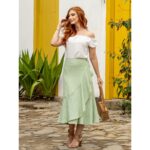 Saia Midi Transpassada com Babados Alfaiataria GRAVIOLA Verde
