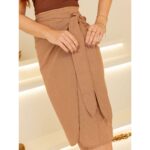 Saia Midi Envelope Transpassada Linho ALLANITA LINEN Mocha