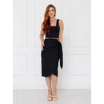 Saia Midi Envelope Transpassada Linho ALLANITA LINEN Preta
