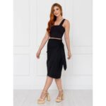 Saia Midi Envelope Transpassada Linho ALLANITA LINEN Preta