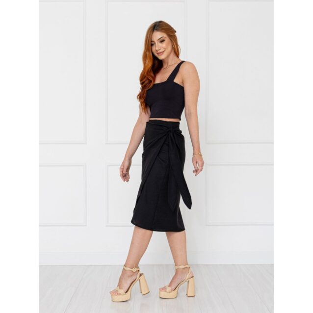 Saia Midi Envelope Transpassada Linho ALLANITA LINEN Preta