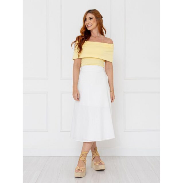 Saia Midi Envelope Transpassada Linho AURORA LINEN Branca