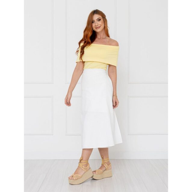 Saia Midi Envelope Transpassada Linho AURORA LINEN Branca