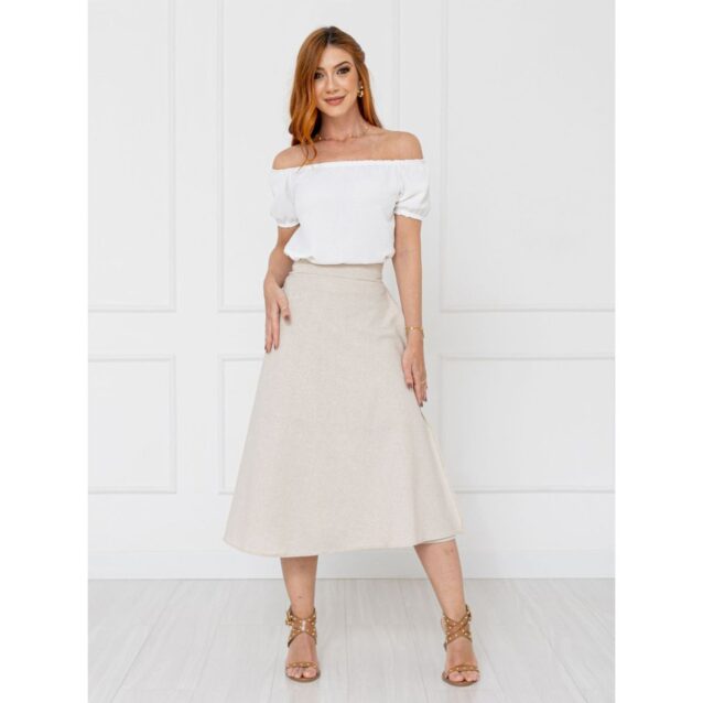 Saia Midi Envelope Transpassada Linho AURORA LINEN Cru