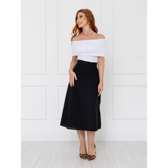Saia Midi Envelope Transpassada Linho AURORA LINEN Preta