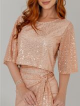 Blusa Cropped Paetê Manga Curta GLOW Rose
