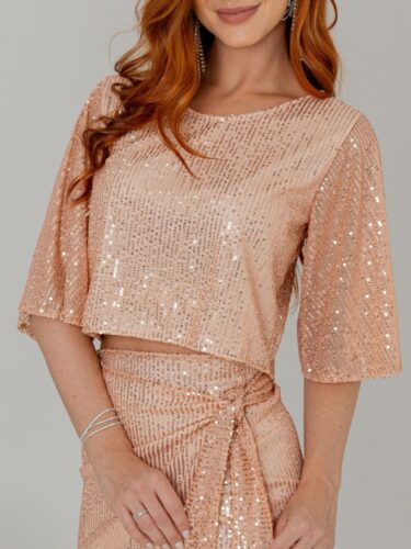 Blusa Cropped Paetê Manga Curta GLOW Rose