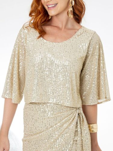 Blusa Cropped Paetê Manga Curta GLOW Dourada