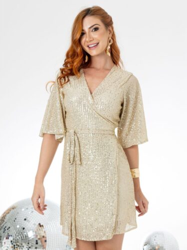 Vestido Curto Transpassado Envelope Paetê GLOW Dourado